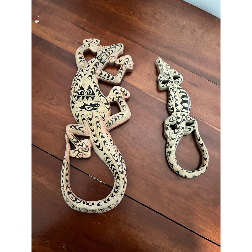 Pair Vintage Hand Carved Wood Lizard Wall Art Set 2 Tribal Gecko Indonesia Decor